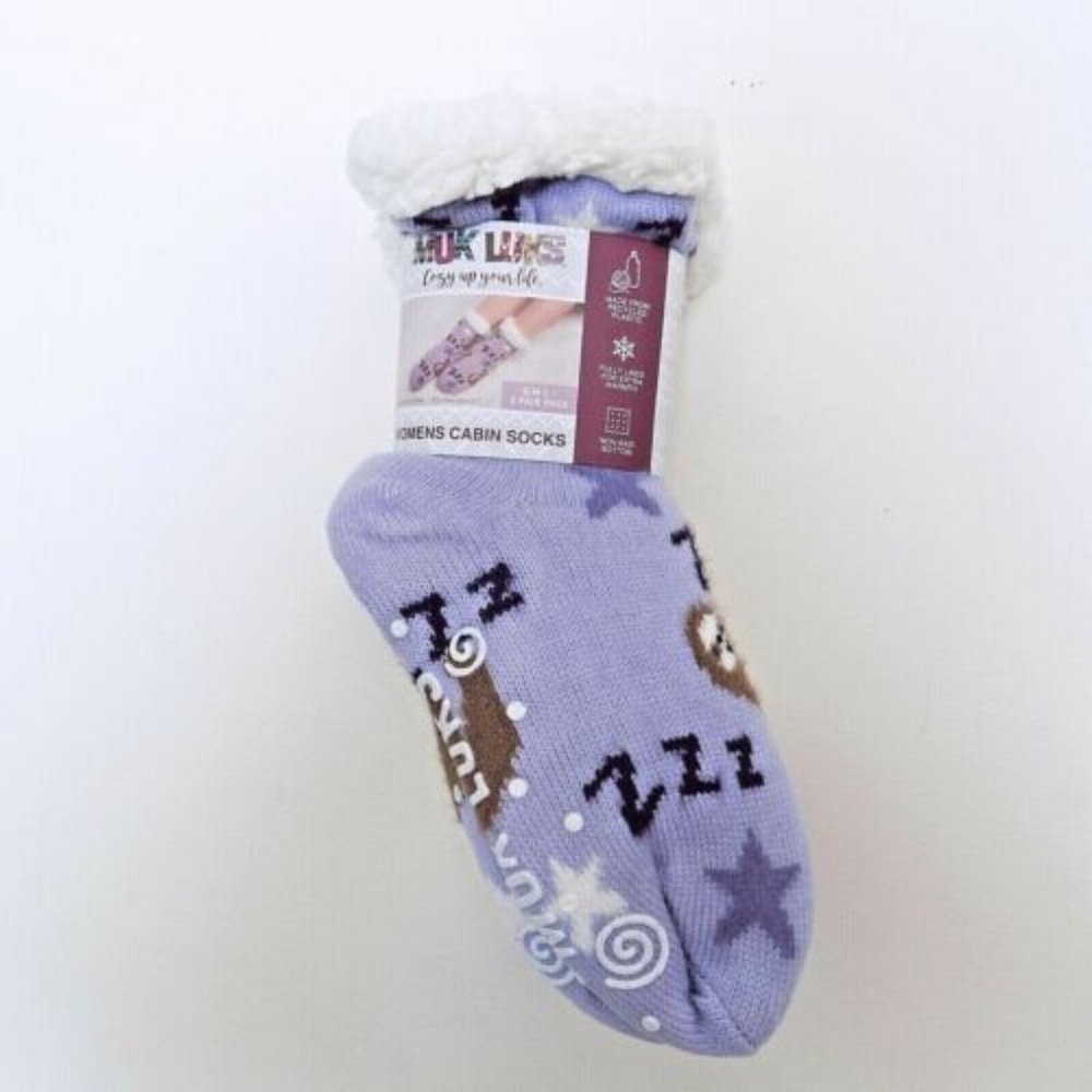 Muk Luks Womens Plush Cabin Socks Sz 8-10 L-XL Lined Nonskid Blue Sloth Pattern